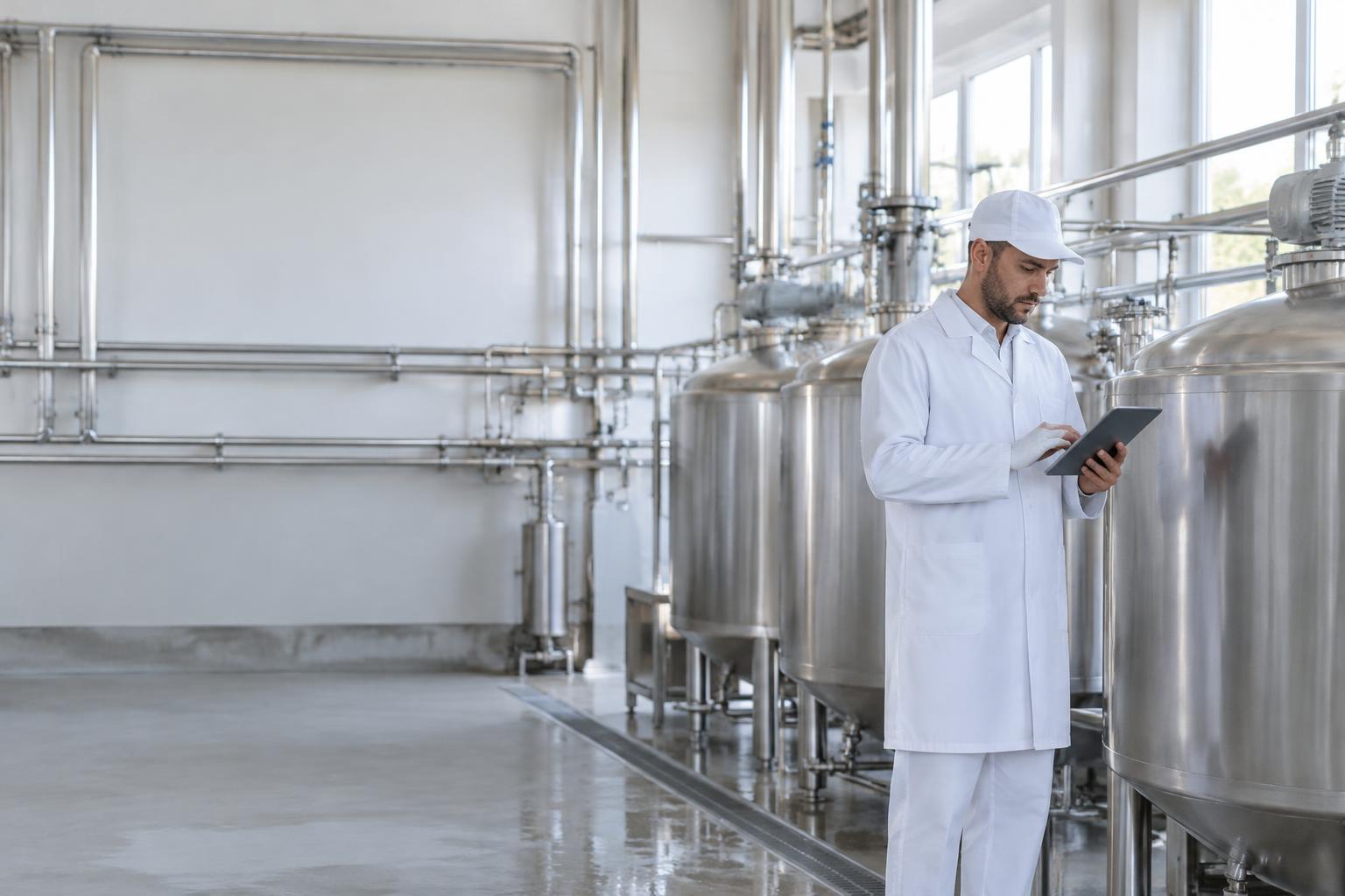 Una persona de planta láctea revisando una tablet junto a tinas de acero inoxidable